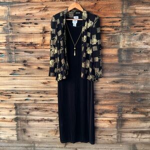 VINTAGE | R&M Richards By Karen Kwong Black Maxi Dress W/ Gold Floral Jacket 8P